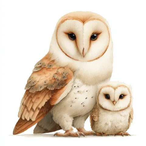Watercolor illustration of a mother owl sitting with a small owlet beside her