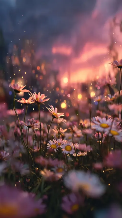 Moody field of daisy flowers as foreground, dusky colors of pink, white, and yellow accents. Dark