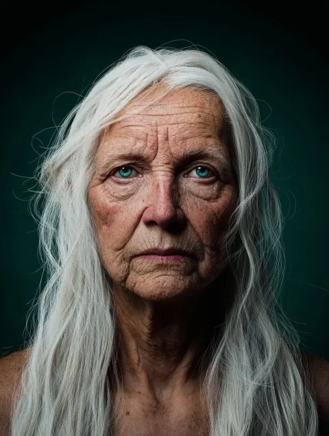 Ultra-realistic medium portrait of old woman with long white hair]