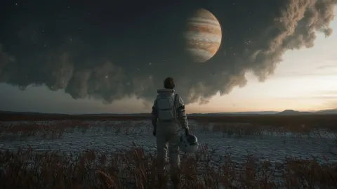 Una mujer con un traje de astronauta parada sobre un suelo de tierra celeste mirando al cielo