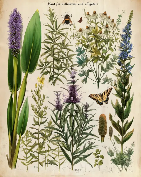Vintage botany style. "Plant for pollinators and alligators"