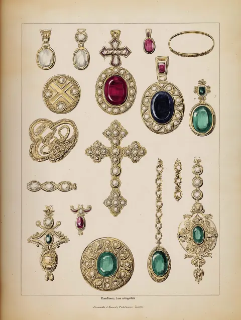 Vintage style illustration of charms and broaches with emeralds on a white ground