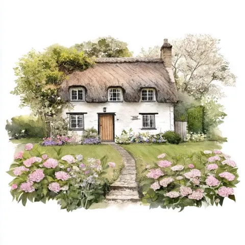 Watercolor illustration of a charming cottage house, soft vintage pastel colors