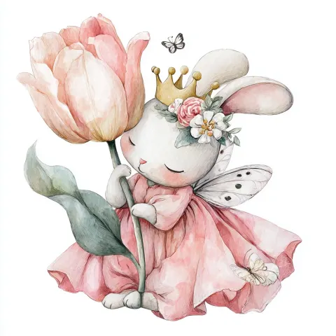 Watercolor nursery clipart, a cute bunny in a pink dress with butterfly wings is sleeping on a big f