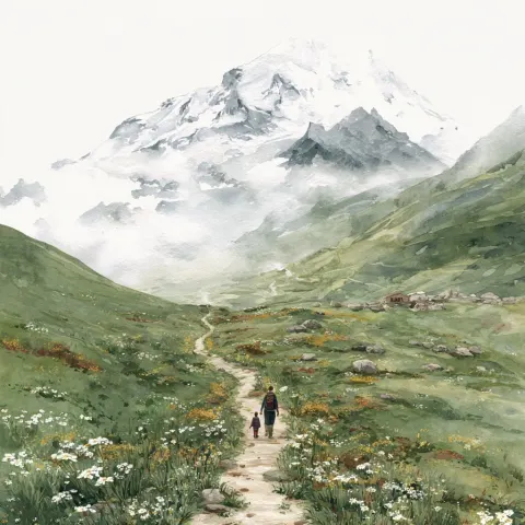 Watercolor painting of a couple hiking in the mountains of china