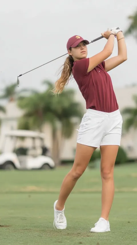 Woman with long flowing blonde hair mid-swing on golf course, maroon short-sleeve polo shirt