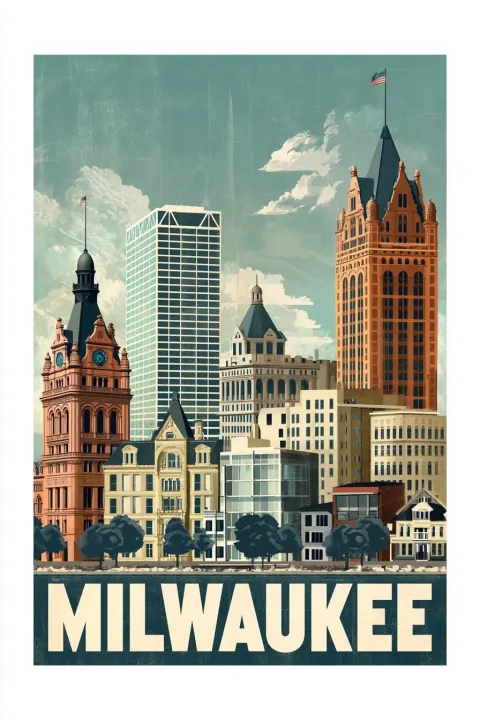 Vintage poster Milwaukee, lakefront skyline and historic buildings, cool tones