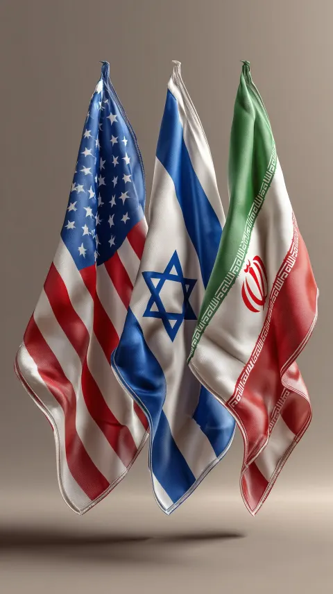 Three waving flags of: usa israel iran