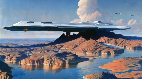 Colossal spaceship painting, landscaped at the top, mountains and water