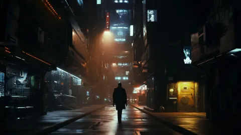 Dystopian city street side alley at night, alien headhunter approaching alien pub door