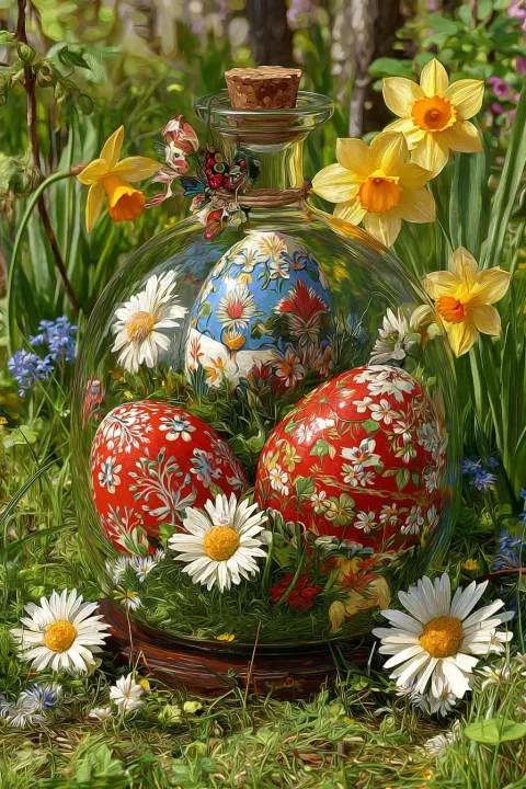 Hyperrealistic easter eggs inside of a bottle in the garden, cozy feeling, bright light.
