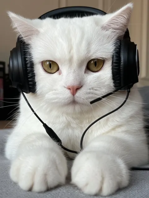 White Cat Wearing Headphones on Its Ears