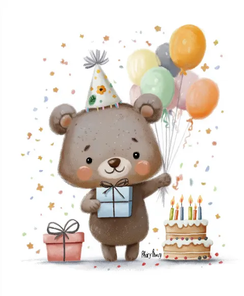 A cheerful illustration for a children's birthday card. A teddy bear holds a gift box with a bow in