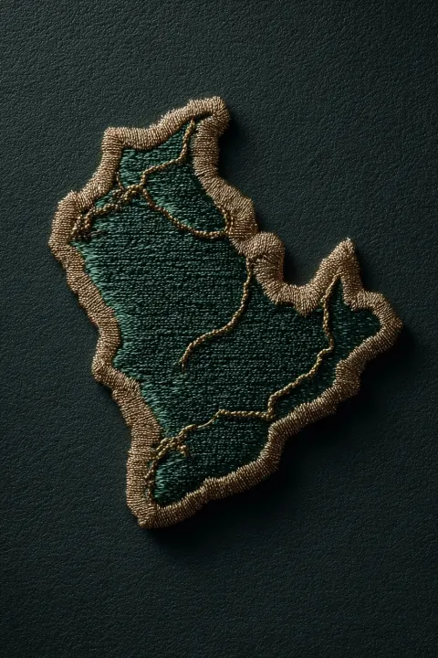 A green map of Saudi Arabia with a gold outline, designed as a realistic embroidered fabric patch ma