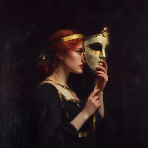 Masquerade Mysteria, dark, Oil painting by John William Waterhouse