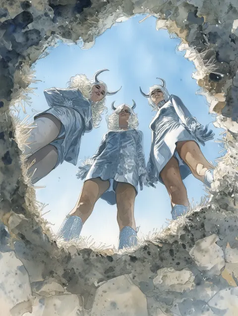 Watercolor of three 60s go-go dancers standing above ground looking down into a grave