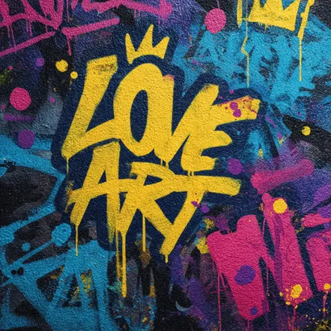 A vibrant and chaotic graffiti art piece, showcasing a layered composition of overlapping tags ''LOV
