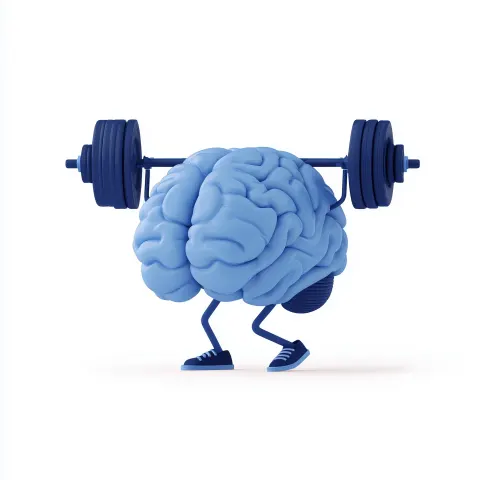 Brain lifting weights, 2d illustration, white background, blue flat illustration