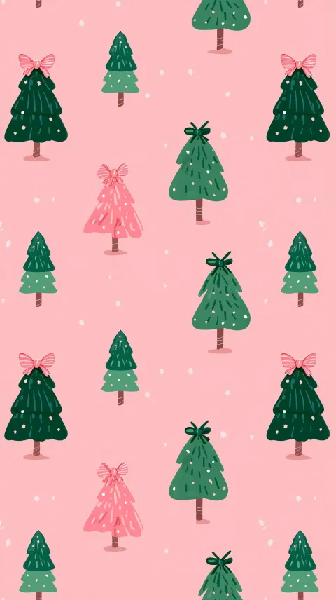 Pink christmas tree pattern with bows, pink background, simple vector illustration, cute style