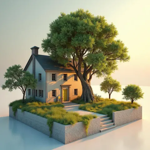 Tree and Building in Volumetric Golden Light