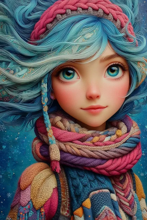 A close-up portrait of the whimsical girl (pale skin, delicate blush) bundled in oversized
