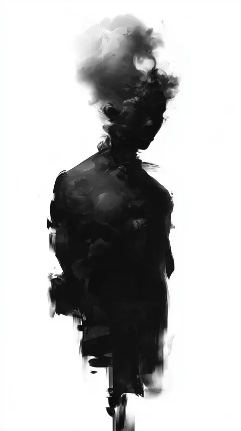 Humanoid figure with head replaced by a soft cloud, cloud expanding and dissolving into air