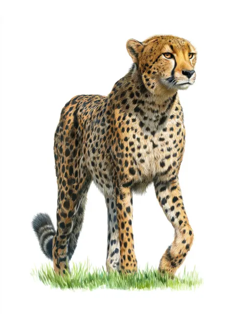 Watercolor pencil drawing of a full-body cheetah, one side view, walking, greeny grass as ground