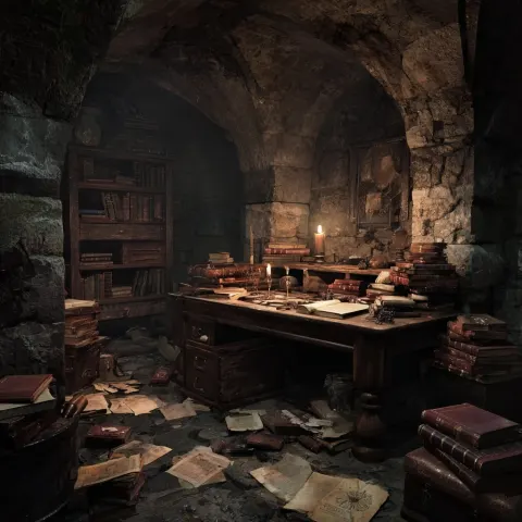 A dark stone block room, an old desk strewn with books and scrolls