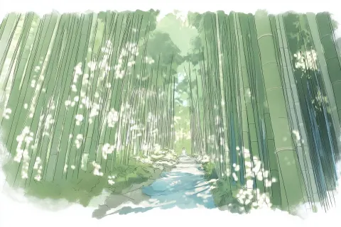 Japanese bamboo forest pathway with tall bamboo surrounding a narrow trail