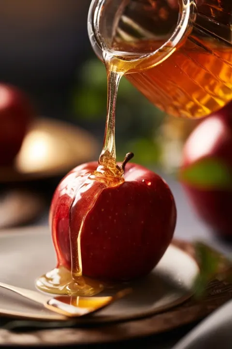 Extreme Close-up of Honey Pouring Over a Red Apple