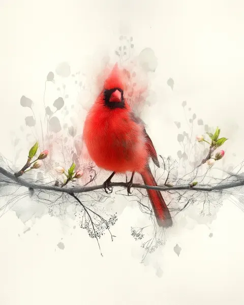 Soft watercolor of red cardinal with slightly ruffled chest feathers sitting on a branch with early