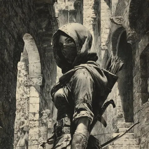 1970s dark fantasy book cover art, a full body character portrait of a Mediterranean female rogue we