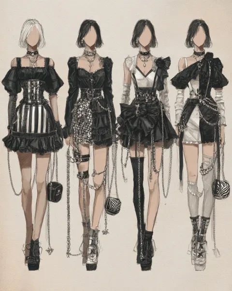 4 different outfits, gothic punk rock and black with white stripes, plaid dress, frilly skirt