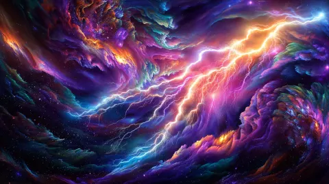 Psychedelic colorful cosmic lightning stardust texture, glowing, polished, reflective, stock