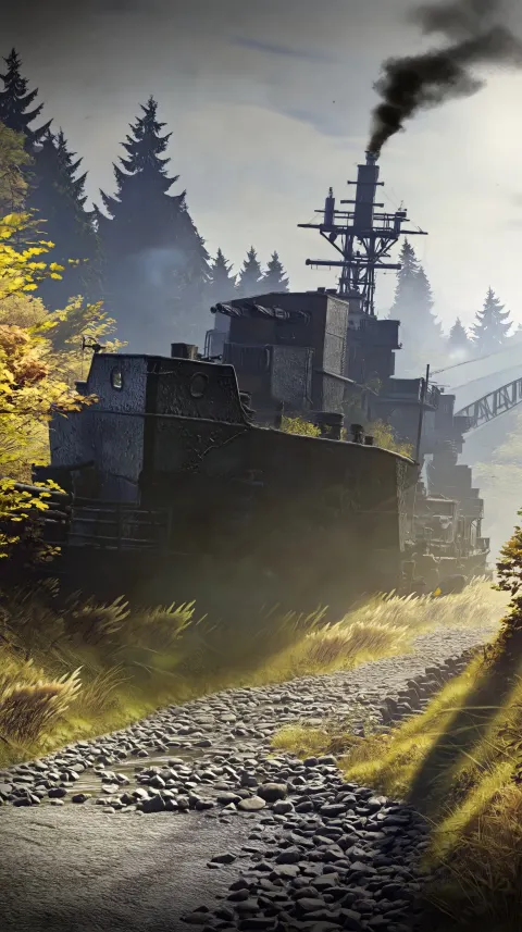 4K Photorealistic imagery: A weird looking war boat is sinking in a small creek.