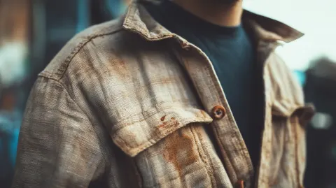 80s retro jacket with a small curry stain on it, Muted Color, close up Macro, Natural Light, 35mm