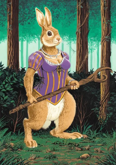 A 1990s Mtg illustration of A sylvan rabbit queen, with a staff, in a forest, curves
