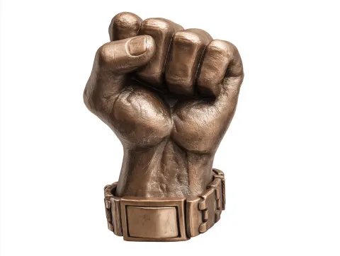 A 4g photographic detailed image of a fist made from bronze. it has a metal watch strap. the angle h