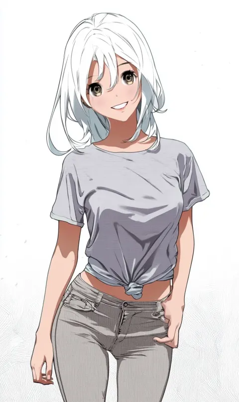 A beautiful girl with white hair, wearing an anime-style short-sleeved T-shirt and gray jeans. She h