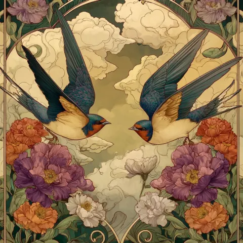 A beautiful, vibrant art nouveau identical mirror image of 2 swallows in flight surrounded by puffy