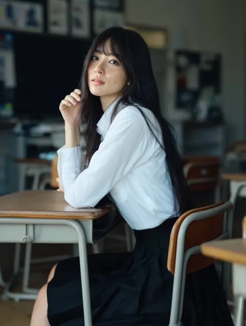 A beautiful Japanese girl with long black hair, wearing a white shirt and black skirt