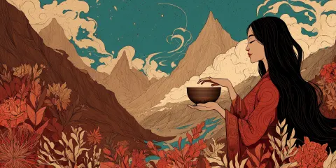 A beautiful Tibetan lady with long black hair plays Tibetan singing bowl with Tibetan landscape