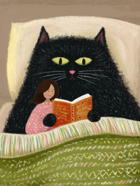 Cozy painterly illustration of a black cat and a woman reading a book in bed