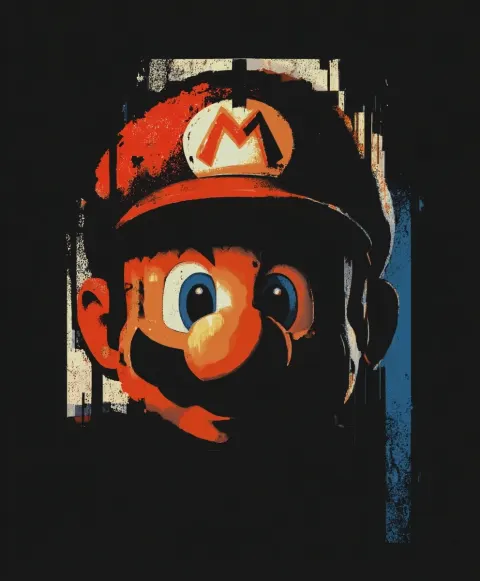 T-shirt design of Super Mariu Bros from Nintendo, iconic face-and-hair cutout with posterized shadow