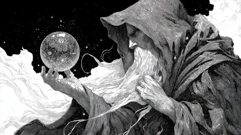 A black and white drawing of an arcane wizard pondering his glittering orb of power