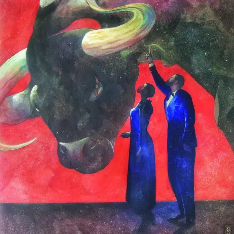 A black man and woman wearing elegant blue suits. they are standing facing a very big bull (exeggera