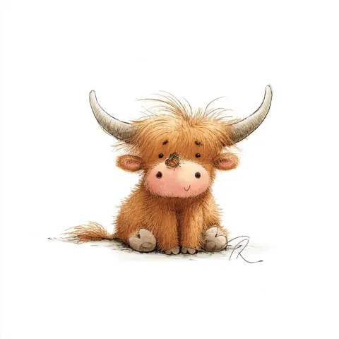A cartoon highland cow with a butterfly on his nose, white background, r, adorable style