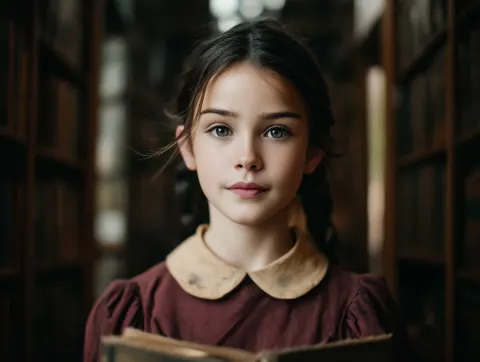 Young girl in vintage storybook illustration style, centered portrait, pale porcelain skin