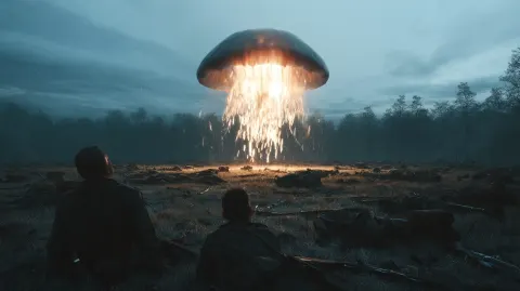 A cathedral-sized jellyfish floating above a battlefield