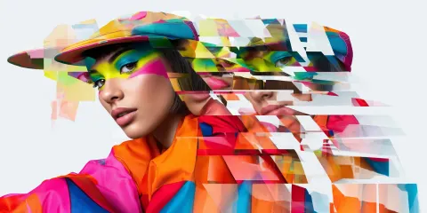 A conceptual portrait of a 20-year-old urban woman, with multiple faces fragmented and superimposed
